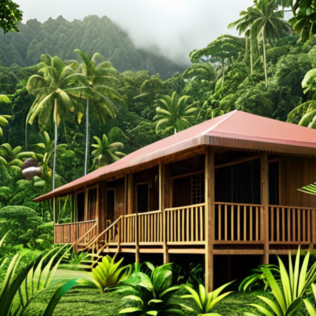 **Image Prompt:** A serene eco-lodge nestled amidst lush Samoan rainforest, emphasizing sustainable design and integration with nature. Soft, natural lighting, vibrant greenery, and a sense of tranquility.