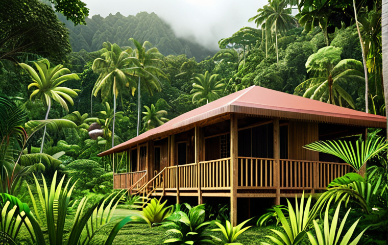 **Image Prompt:** A serene eco-lodge nestled amidst lush Samoan rainforest, emphasizing sustainable design and integration with nature. Soft, natural lighting, vibrant greenery, and a sense of tranquility.