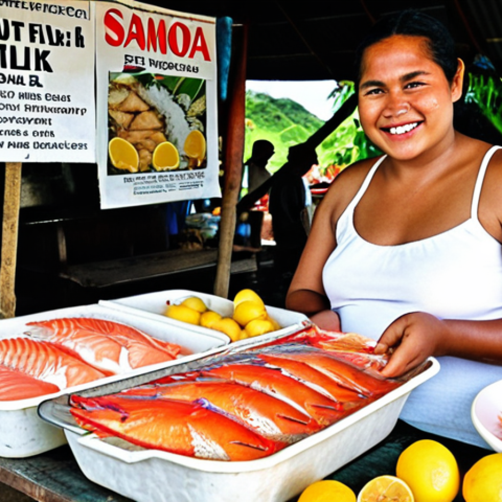 **

Prompt: A vibrant market scene in Apia, Samoa. A friendly Samoan woman with a warm smile sells Oka (raw fish marinated in lemon juice and coconut milk) from her family recipe. Display the fresh fish, lemons, and coconut milk prominently. Capture the intense flavors and freshness of the dish.

**