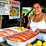 **

Prompt: A vibrant market scene in Apia, Samoa. A friendly Samoan woman with a warm smile sells Oka (raw fish marinated in lemon juice and coconut milk) from her family recipe. Display the fresh fish, lemons, and coconut milk prominently. Capture the intense flavors and freshness of the dish.

**