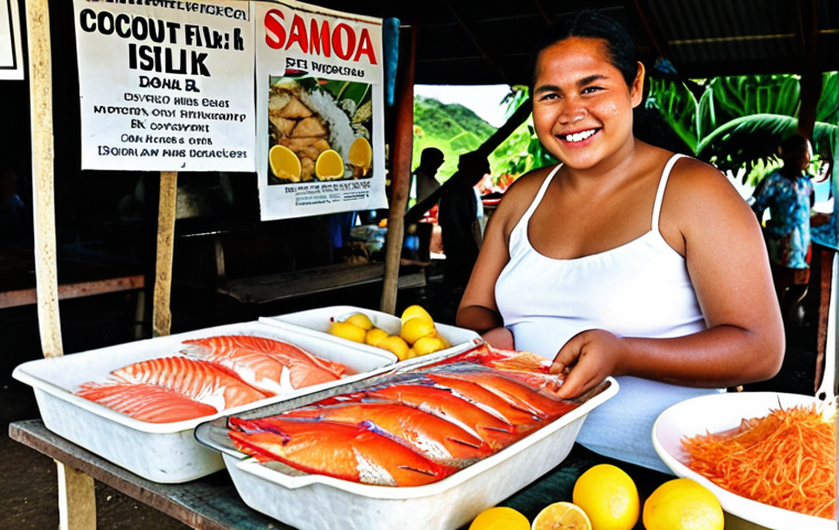 **
Prompt: A vibrant market scene in Apia, Samoa. A friendly Samoan woman with a warm smile sells Oka (raw fish marinated in lemon juice and coconut milk) from her family recipe. Display the fresh fish, lemons, and coconut milk prominently. Capture the intense flavors and freshness of the dish.
**
