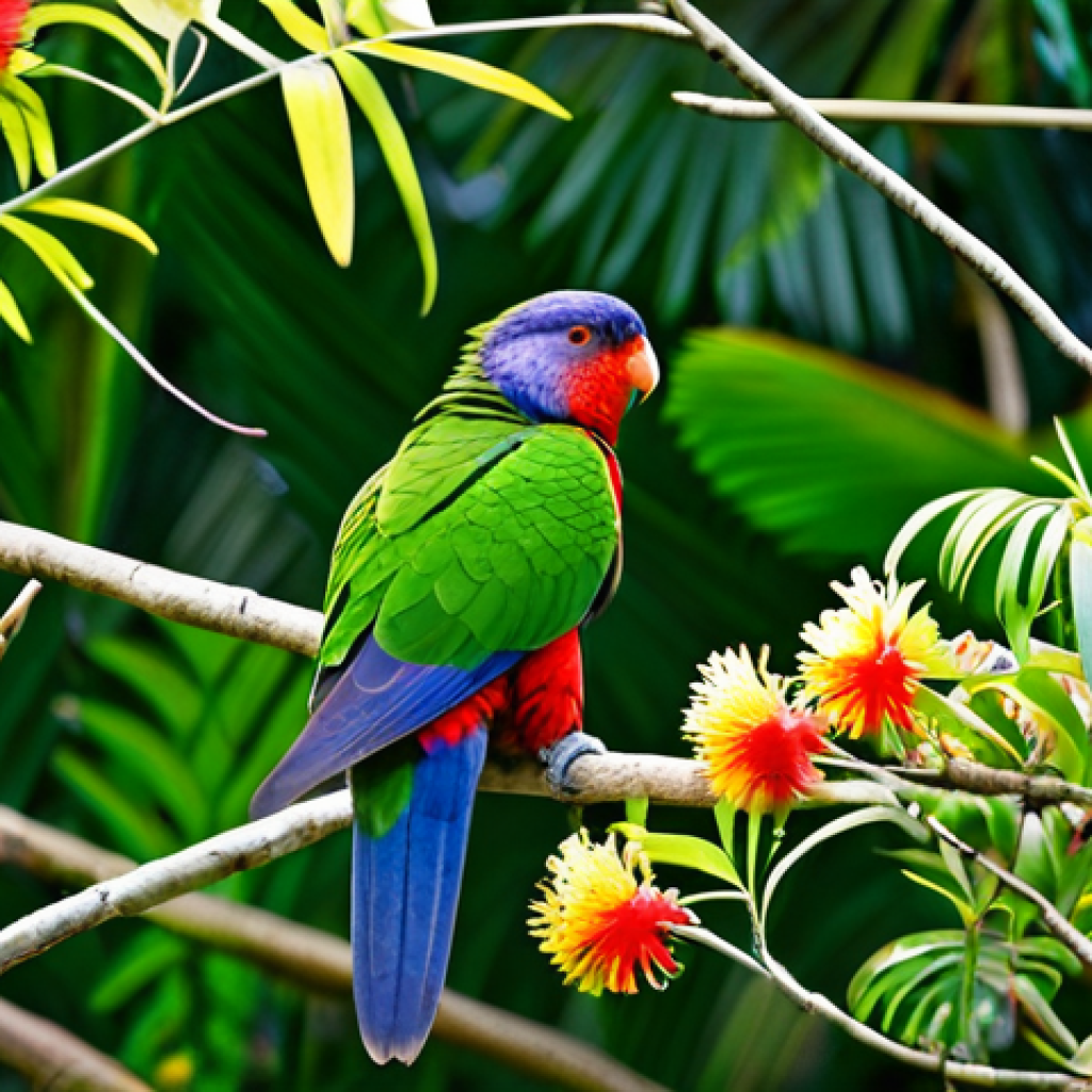 **

"A lush Samoan rainforest scene, filled with vibrant green foliage. A Samoan Lorikeet, a small parrot with bright green, red, and blue plumage, is perched on a flowering branch, drinking nectar. Other colorful songbirds flit amongst the trees. Safe for work, appropriate content, fully clothed (birds!), professional nature photography, perfect anatomy (birds), natural proportions, high quality, family-friendly."

**