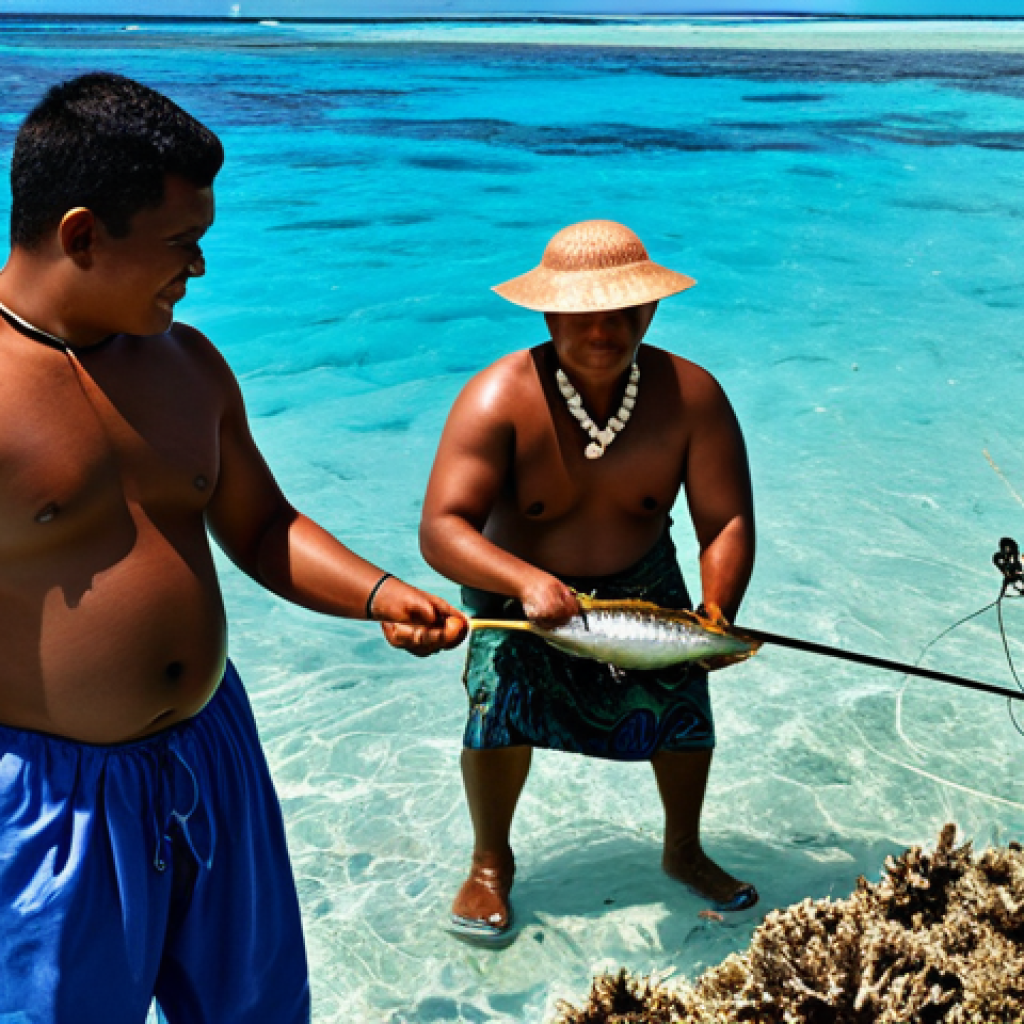 **

"A Samoan fisherman, fully clothed in traditional attire, demonstrating sustainable fishing techniques to a small group of tourists on a sunny day. The vibrant coral reefs are visible in the clear water.  Family-friendly, appropriate content, safe for work, perfect anatomy, correct proportions, professional photo, high resolution, clear focus, modest clothing, natural pose."

**