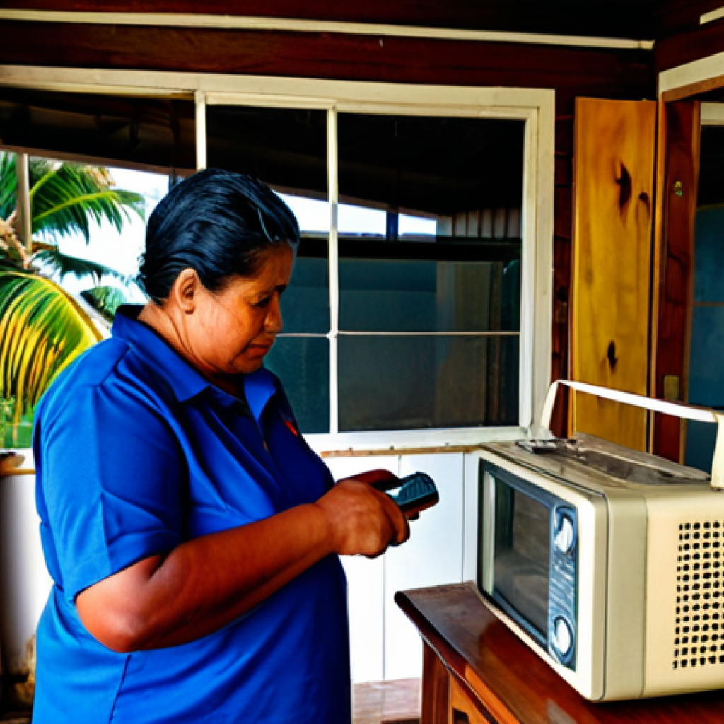 Cyclone Preparedness**

"A family-friendly scene showing a father and daughter inside a modest, sturdy home in Samoa, looking at a weather radio during a cyclone warning.  The home is well-built, with boarded-up windows.  Outside, palm trees are bent in the wind.  Inside, there's an emergency kit visible.  Fully clothed, safe for work, appropriate content, professional illustration, perfect anatomy, natural proportions, high detail."

**