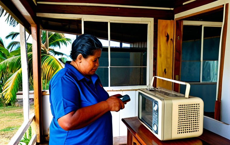 Cyclone Preparedness**

"A family-friendly scene showing a father and daughter inside a modest, sturdy home in Samoa, looking at a weather radio during a cyclone warning.  The home is well-built, with boarded-up windows.  Outside, palm trees are bent in the wind.  Inside, there's an emergency kit visible.  Fully clothed, safe for work, appropriate content, professional illustration, perfect anatomy, natural proportions, high detail."

**