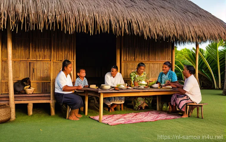 사모아 유네스코 문화유산 - ### Image Prompt 1: Samoan Family Gathering in an Open Fale at Sunset