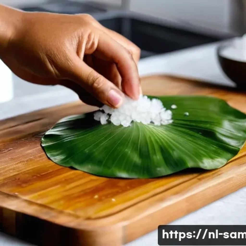 사모아 전통 음식 팔루사미 - Fresh Taro Leaves and Coconut Milk Preparation in a Dutch Kitchen**
A vibrant, eye-level close-up sh...