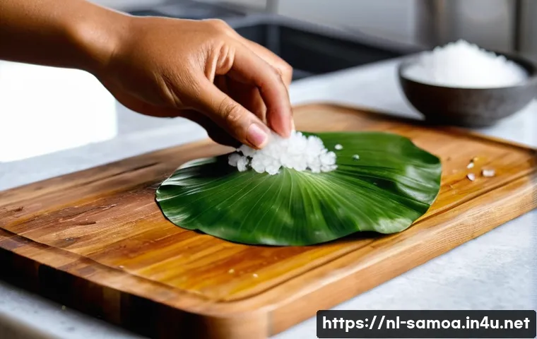 사모아 전통 음식 팔루사미 - Fresh Taro Leaves and Coconut Milk Preparation in a Dutch Kitchen**
A vibrant, eye-level close-up sh...