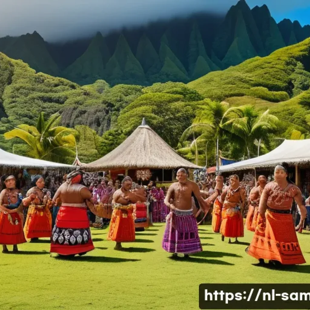사모아에서의 로컬 축제 및 행사 일정 - A vibrant scene of a traditional Samoan festival with locals wearing colorful lava-lavas and intrica...