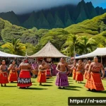 사모아에서의 로컬 축제 및 행사 일정 - A vibrant scene of a traditional Samoan festival with locals wearing colorful lava-lavas and intrica...