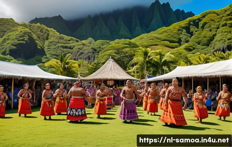 사모아에서의 로컬 축제 및 행사 일정 - A vibrant scene of a traditional Samoan festival with locals wearing colorful lava-lavas and intrica...
