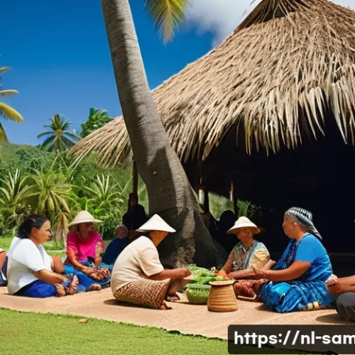 사모아에서의 자원봉사 기회 - A vibrant Samoan village scene during a traditional community meal, featuring diverse volunteers and...