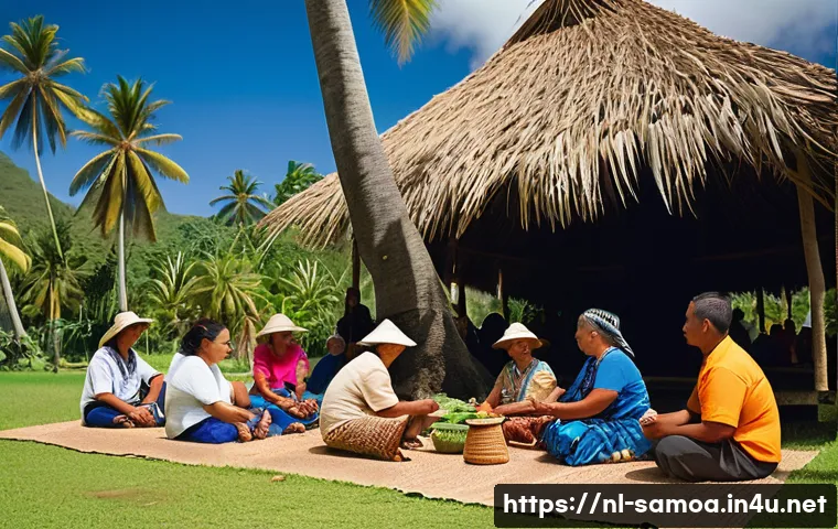 사모아에서의 자원봉사 기회 - A vibrant Samoan village scene during a traditional community meal, featuring diverse volunteers and...