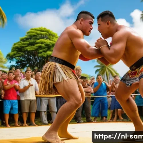사모아 전통 스포츠 및 놀이 문화 - A vibrant Samoan fa'ataupati wrestling scene at a traditional festival, featuring two young men in t...
