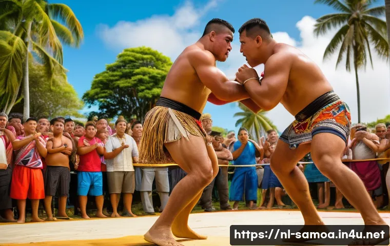 사모아 전통 스포츠 및 놀이 문화 - A vibrant Samoan fa'ataupati wrestling scene at a traditional festival, featuring two young men in t...
