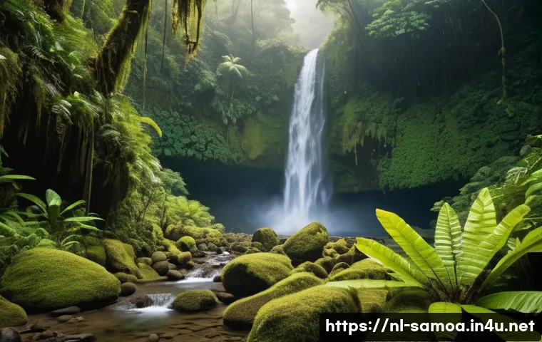 사모아의 숨겨진 명소 추천 - A breathtaking scene of the hidden Papapapai waterfall deep in the lush Samoan rainforest, surrounde...