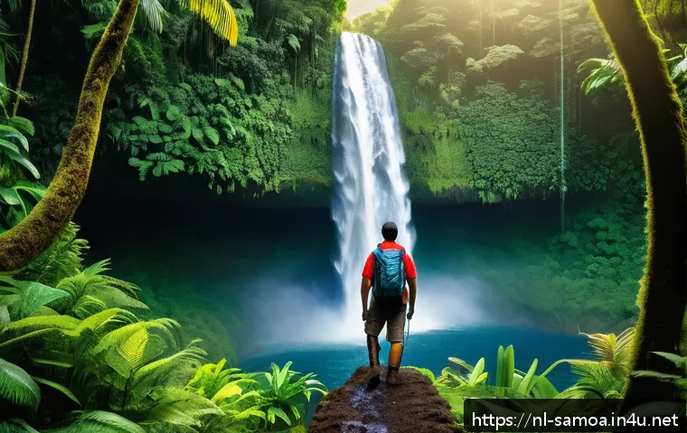 사모아에서 가장 아름다운 폭포 탐방 - A breathtaking tropical waterfall hidden deep within lush Samoan jungle, surrounded by vibrant green...