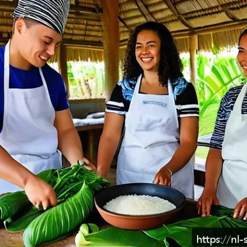 사모아에서 현지 음식을 직접 요리하는 클래스 - A vibrant Samoan cooking workshop scene featuring local chefs and diverse participants preparing tra...