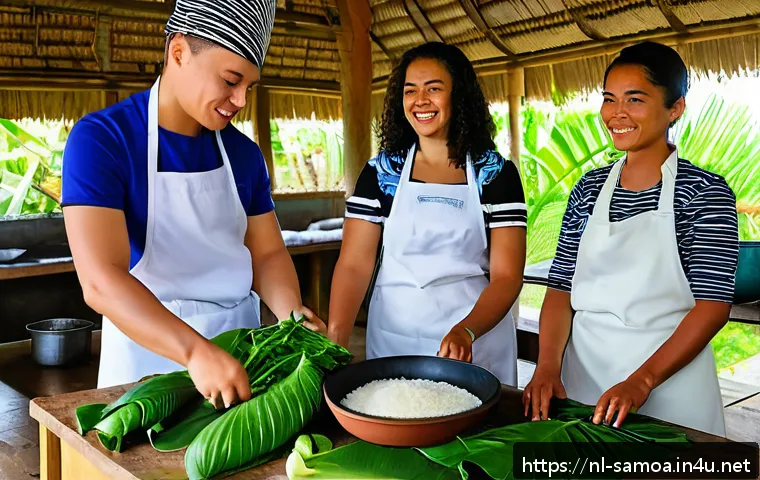 사모아에서 현지 음식을 직접 요리하는 클래스 - A vibrant Samoan cooking workshop scene featuring local chefs and diverse participants preparing tra...