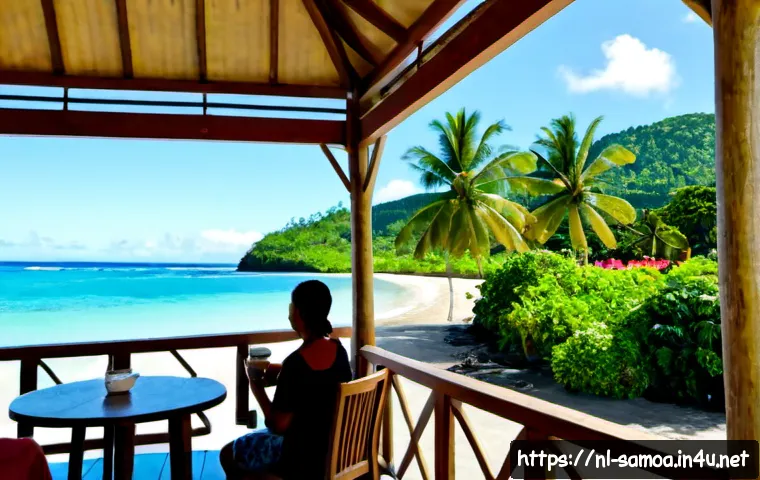 Home 17 사모아에서 인기 있는 카페 및 음식점 - Photorealistic inviting seaside café in Apia, Samoa, open-air wooden terrace overlooking calm turquo...