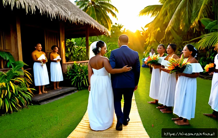 사모아의 전통 혼례 절차 - Photorealistic traditional Samoan wedding arrival at a sunlit village fale, bride and groom in elega...