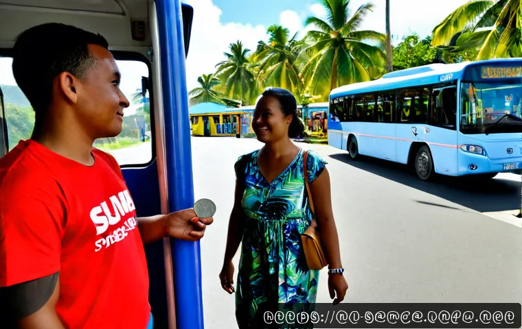 Home 17 사모아에서 공공 교통 이용법 - Photorealistic travel scene in Apia, Samoa: a Dutch couple in casual tropical clothing boarding a cl...